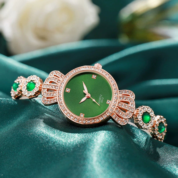 Allmatch Retro Quartz Watch For Women Peacock Green Alloy Case And Strap Round Dial Stainless Steel Buckle