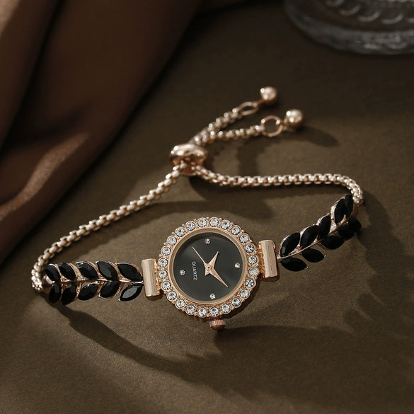 Allmatch Round Diamond Edge Leafshaped Alloy Quartz Jewelry Set For Women