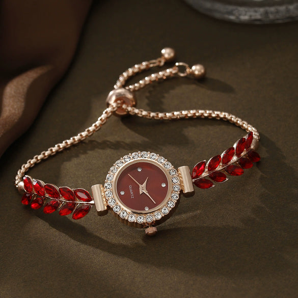 Allmatch Round Diamond Edge Leafshaped Alloy Quartz Jewelry Set For Women