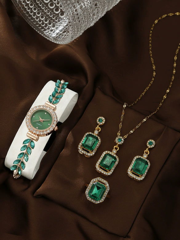 Allmatch Round Diamond Edge Leafshaped Alloy Quartz Jewelry Set For Women
