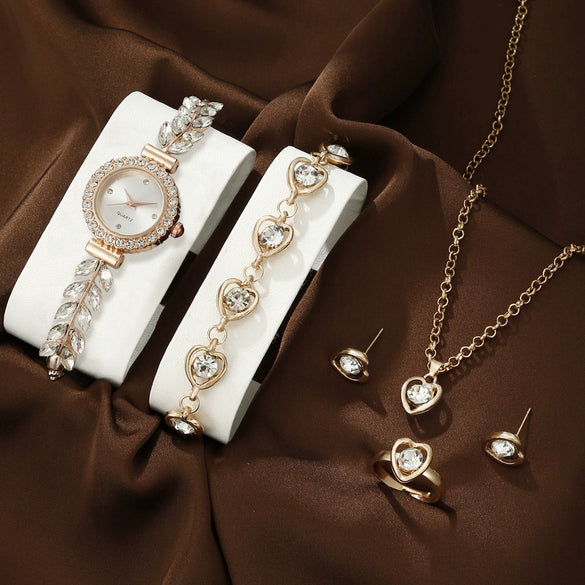 Allmatch Round Diamond Edge Leafshaped Alloy Quartz Jewelry Set For Women