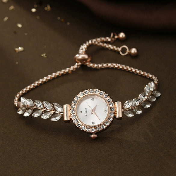 Allmatch Round Diamond Edge Leafshaped Alloy Quartz Jewelry Set For Women