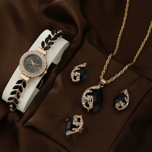 Allmatch Round Diamond Edge Leafshaped Alloy Quartz Jewelry Set For Women