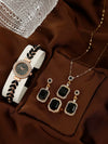 Allmatch Round Diamond Edge Leafshaped Alloy Quartz Jewelry Set For Women