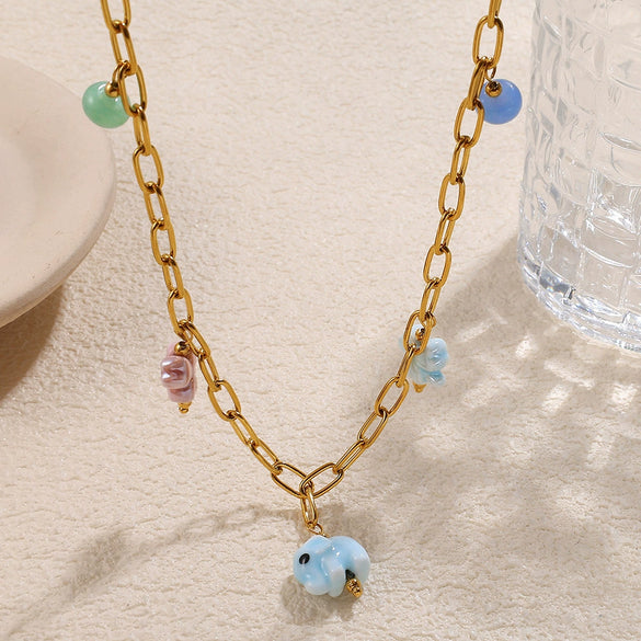 Allmatch 316L Stainless Steel Gold Ceramic Natural Stone Elephant Design Electroplated Necklace For Women