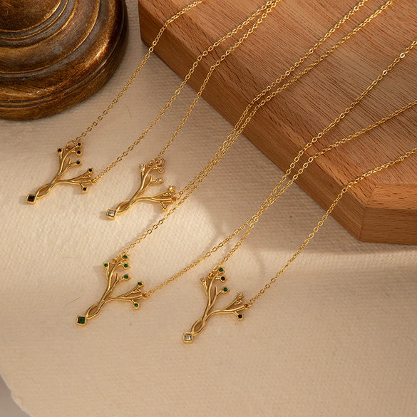 Allmatch Tree Of Life Titanium Steel Clavicle Necklace For Women With Electroplating And Inlaid Zircon