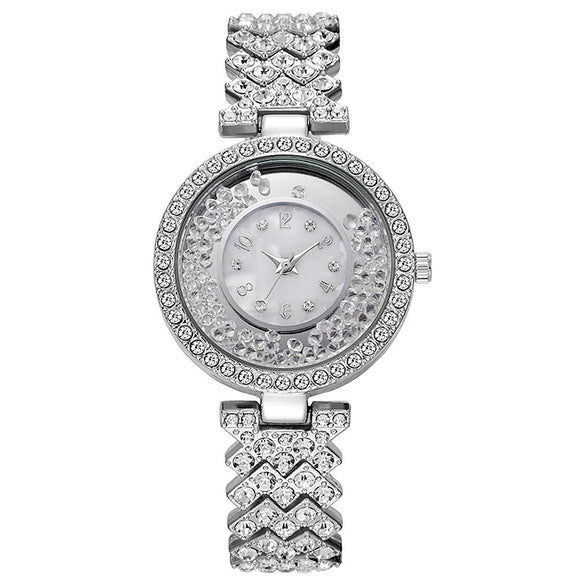 Allmatch Women's Leisure Watch With Quicksand Ball Rhinestone Alloy Case And Stainless Steel Buckle Round Dial