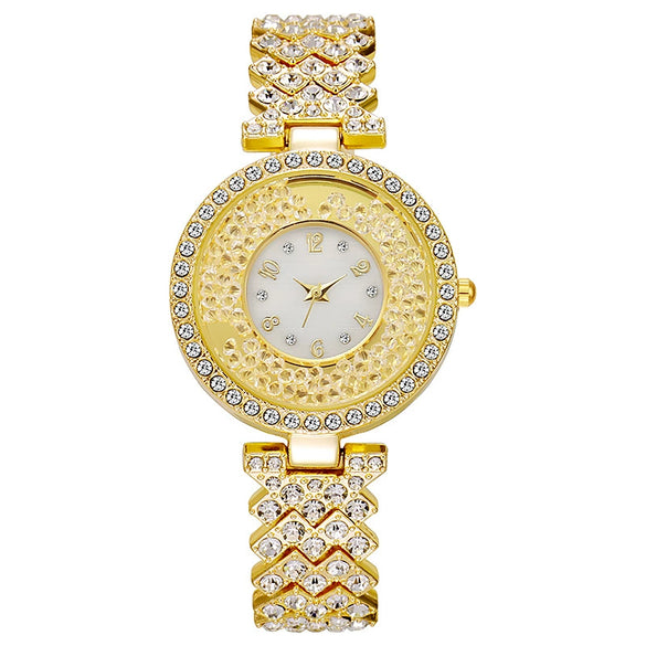Allmatch Women's Leisure Watch With Quicksand Ball Rhinestone Alloy Case And Stainless Steel Buckle Round Dial