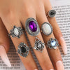 Alloy Amethyst Opal Zircon Black Gem Combination Hollow Geometric Pattern Ring 7 Piece Set Electroplated