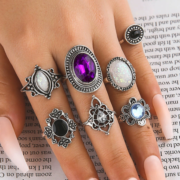 Alloy Amethyst Opal Zircon Black Gem Combination Hollow Geometric Pattern Ring 7 Piece Set Electroplated