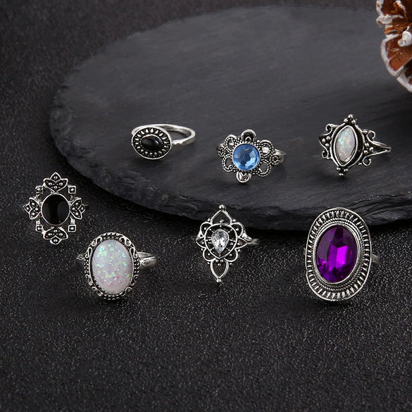 Alloy Amethyst Opal Zircon Black Gem Combination Hollow Geometric Pattern Ring 7 Piece Set Electroplated