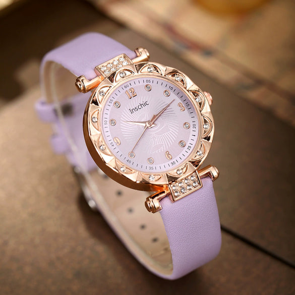 Alloy And Imitation Leather Round Belt Watch And Maple Leaf Jewelry Set For Female Leisure Style
