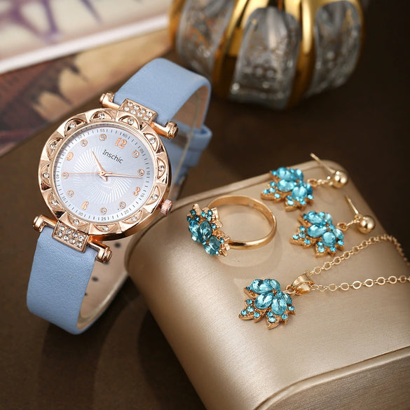 Alloy And Imitation Leather Round Belt Watch And Maple Leaf Jewelry Set For Female Leisure Style