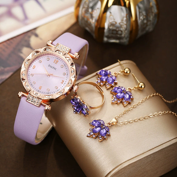 Alloy And Imitation Leather Round Belt Watch And Maple Leaf Jewelry Set For Female Leisure Style