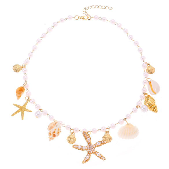 Alloy And Imitation Pearl Shell Chain With Sea Life Pendant Necklace And Bracelet Electroplated Ocean Style For Women