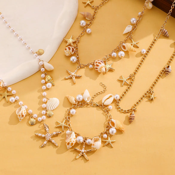 Alloy And Imitation Pearl Shell Chain With Sea Life Pendant Necklace And Bracelet Electroplated Ocean Style For Women