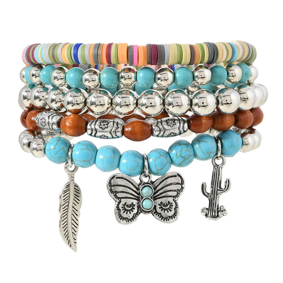 Alloy And Plastic Resin Beaded Multilayer Handmade Unisex Vintage Geometric Style Cactus Butterfly Leaf Bracelet 5Piece Set