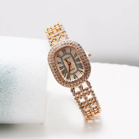 Alloy And Stainless Steel Diamondencrusted Oval Eggshaped Women's Casual Bracelet Watch