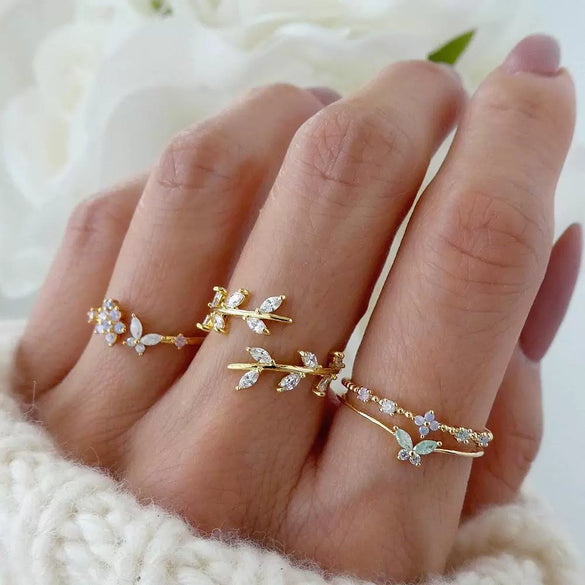 Alloy Animal Butterfly Flower Ring Set For Women Electroplated Light Luxury Versatile Hand Jewelry