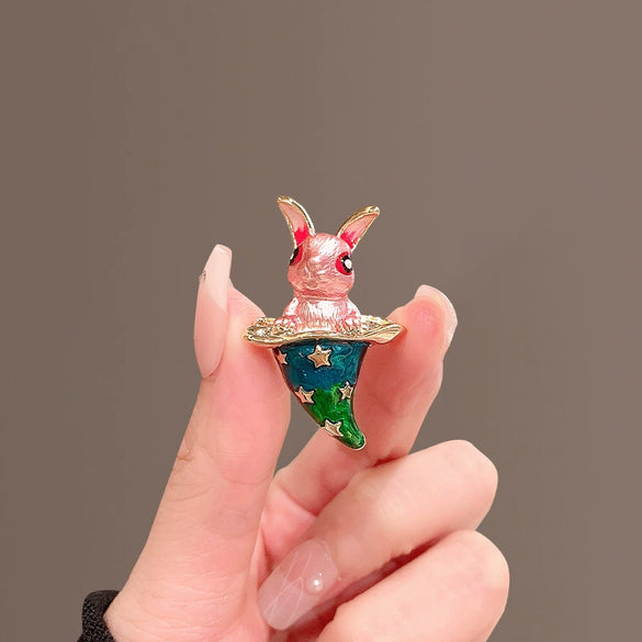 Alloy Animal Cartoon Rabbit Magic Hat Brooch For Women With Electroplating Design
