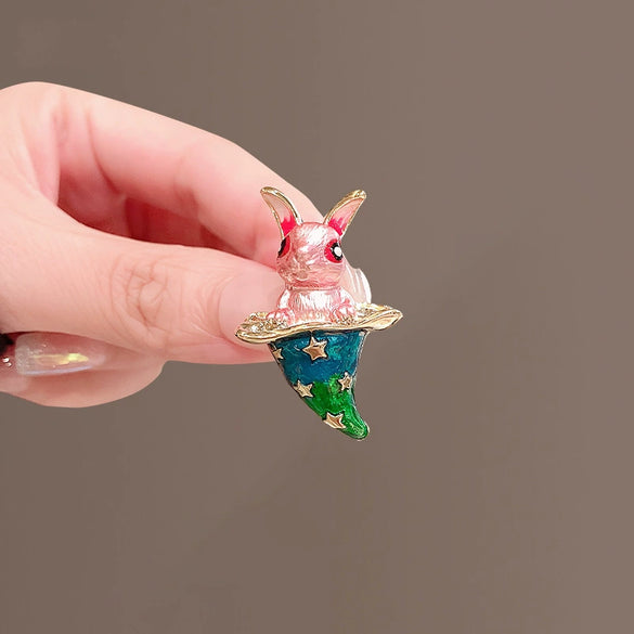 Alloy Animal Cartoon Rabbit Magic Hat Brooch For Women With Electroplating Design