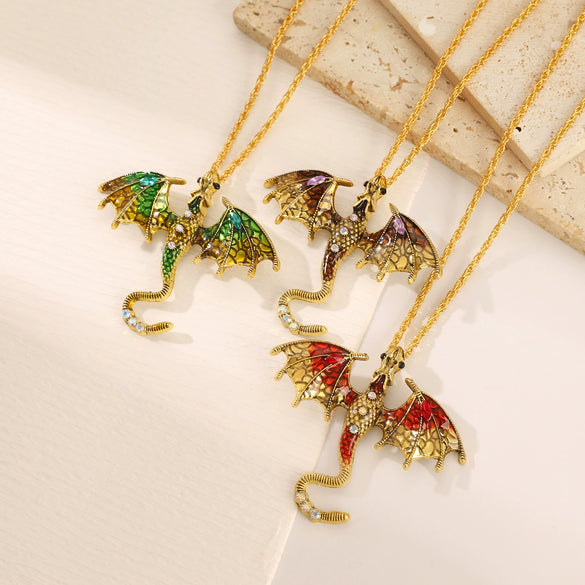Alloy Animal Flying Dragon Shape Pendant Necklace With Oil Dripping Design Retro Disco Hiphop Style Unisex