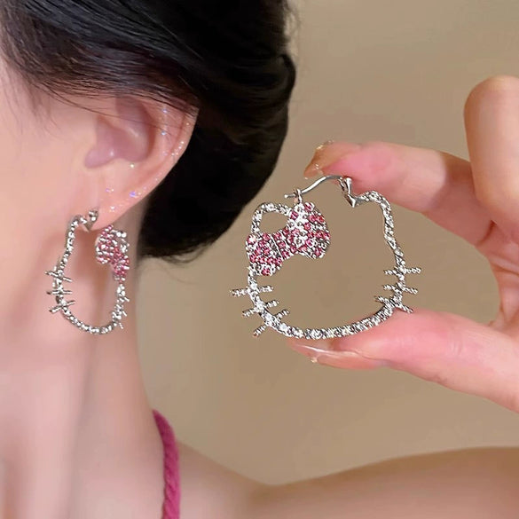 Alloy Animal Shaped Glitter Pink Diamond Cut Out Cat Earrings Electroplated For Women