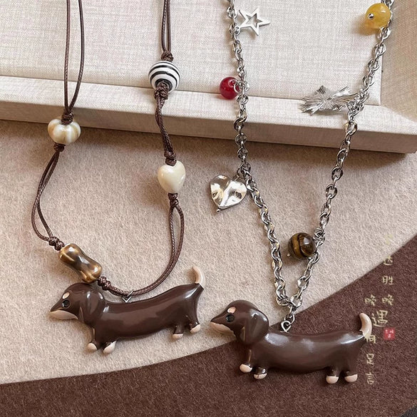 Alloy Animal Zodiac Cartoon Dachshund Pendant Necklace For Women Dripping Oil Design Fashionable Versatile Accessory
