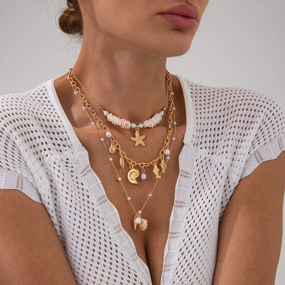 Alloy Animal Zodiac Geometric Style Electroplated Starfish Conch Pendant Necklace For Women