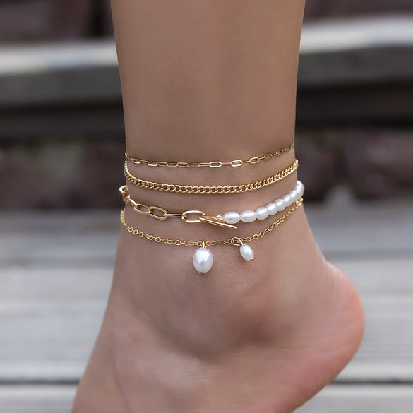 Alloy Anklet For Women With Geometric Pattern And Inlaid Artificial And Semiprecious Stones Retro Style