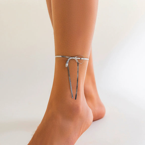 Alloy Anklet With Knot Ribbon Snake Bone Chain Bow Long Tassel For Women