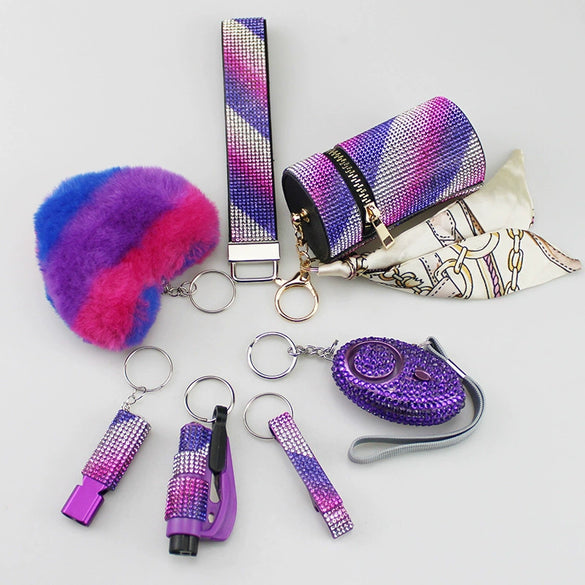 Alloy Antiwolf Whistle Fur Ball Diamond Keychain Bag Pendant Electroplated 7Piece Set