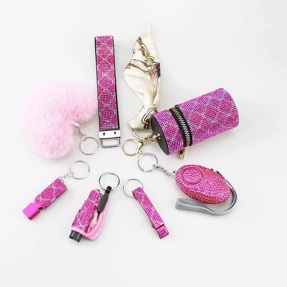 Alloy Antiwolf Whistle Fur Ball Diamond Keychain Bag Pendant Electroplated 7Piece Set