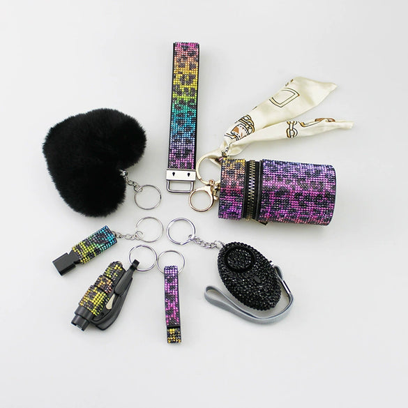 Alloy Antiwolf Whistle Fur Ball Diamond Keychain Bag Pendant Electroplated 7Piece Set
