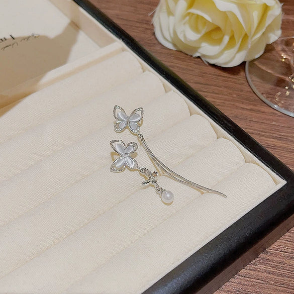Alloy Asymmetric Butterfly Tassel Earrings Set With Precious Stones Animals Zodiac Style For Women