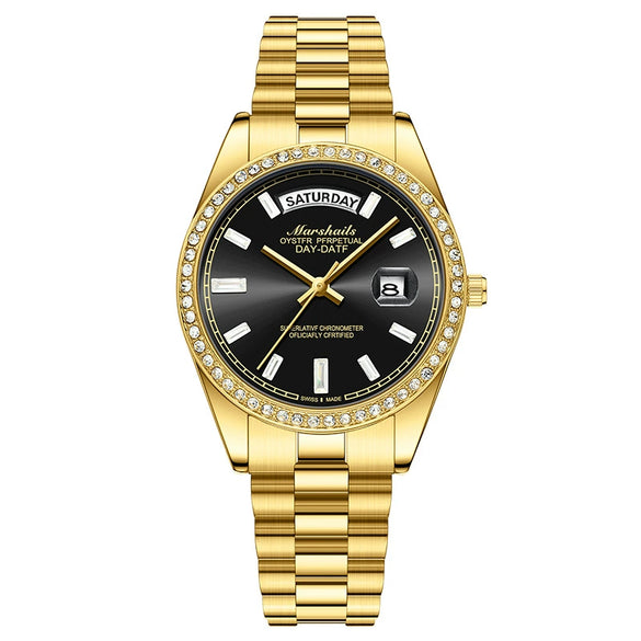 Alloy Band Automatic Hollow Fake Mechanical Luminous Calendar Waterproof Couple Watches With Round Dial