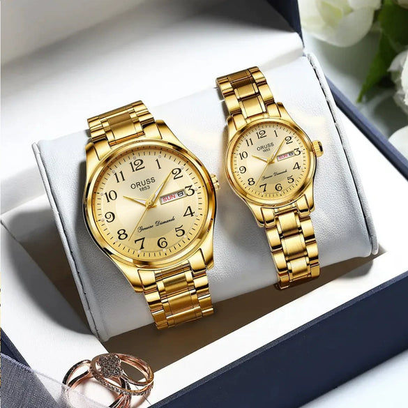 Alloy Band Calendar Waterproof Quartz Watch For Middleaged And Elderly Couples Round Dial Mineral Reinforced Glass Mirror