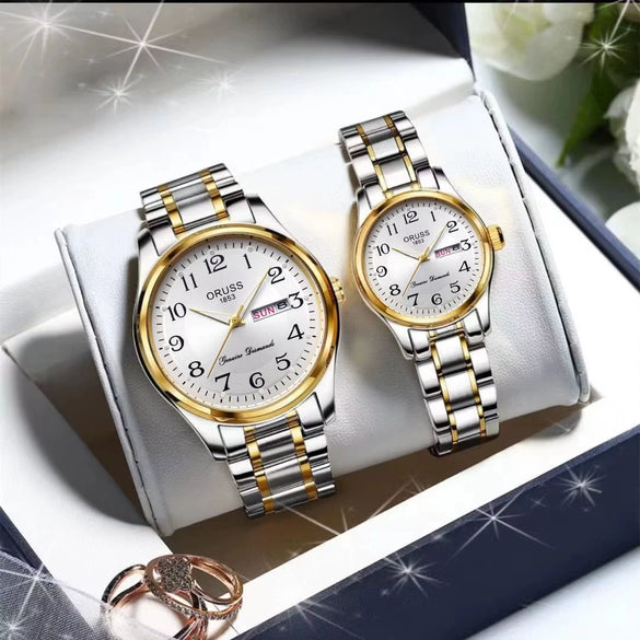 Alloy Band Calendar Waterproof Quartz Watch For Middleaged And Elderly Couples Round Dial Mineral Reinforced Glass Mirror
