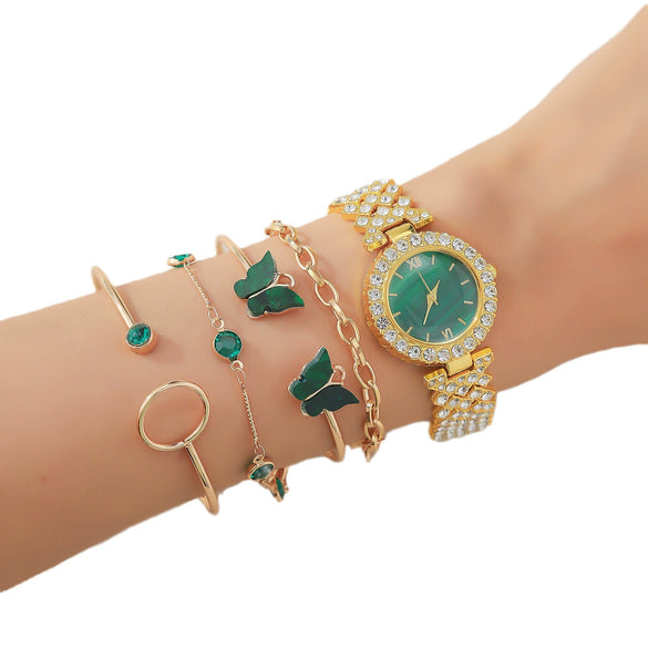 Alloy Band Fashion Female Emerald Green Round Dial Butterfly Bracelet Watch
