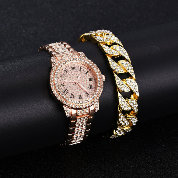 Alloy Band Quartz Watch With Roman Literal And Full Diamond For Women Leisure Style Round Dial