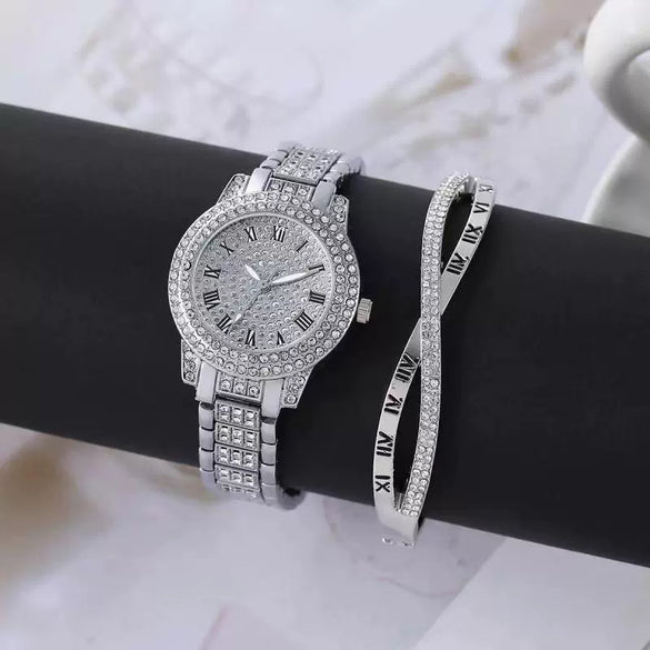 Alloy Band Quartz Watch With Roman Literal And Full Diamond For Women Leisure Style Round Dial