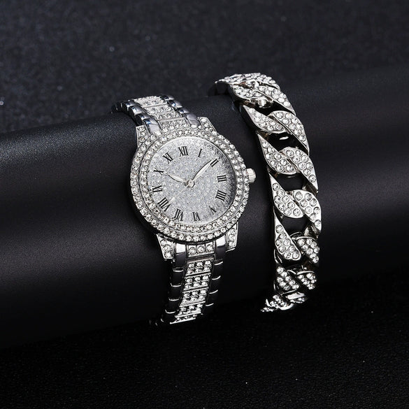 Alloy Band Quartz Watch With Roman Literal And Full Diamond For Women Leisure Style Round Dial