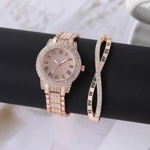 Alloy Band Quartz Watch With Roman Literal And Full Diamond For Women Leisure Style Round Dial