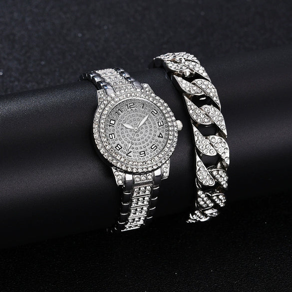 Alloy Band Quartz Watch With Roman Literal And Full Diamond For Women Leisure Style Round Dial