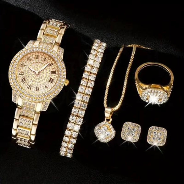 Alloy Band Quartz Watch With Roman Literal And Full Diamond For Women Leisure Style Round Dial