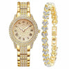 Alloy Band Quartz Watch With Roman Literal And Full Diamond For Women Leisure Style Round Dial