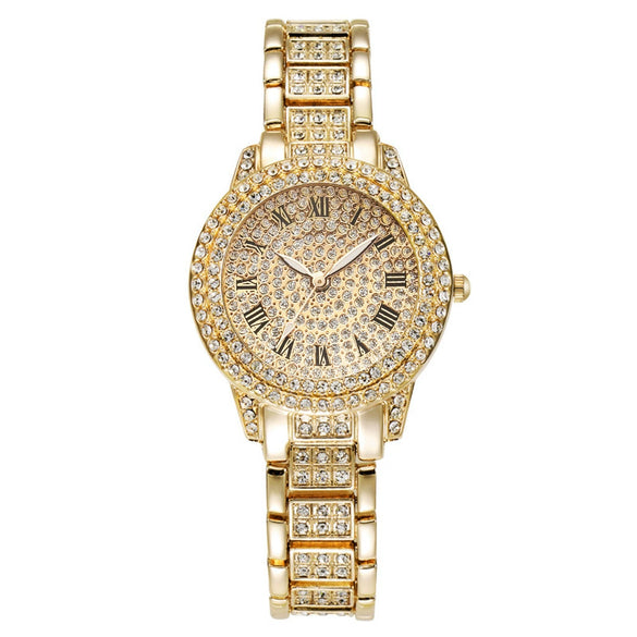 Alloy Band Quartz Watch With Roman Literal And Full Diamond For Women Leisure Style Round Dial
