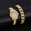 Alloy Band Quartz Watch With Roman Literal And Full Diamond For Women Leisure Style Round Dial