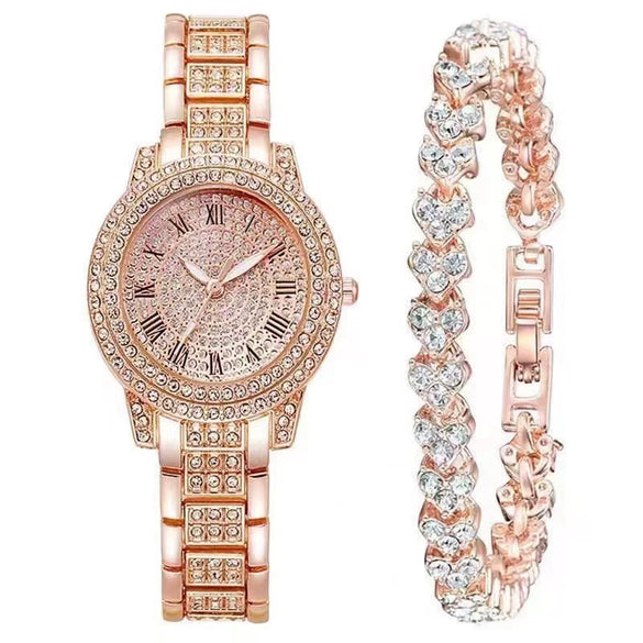 Alloy Band Quartz Watch With Roman Literal And Full Diamond For Women Leisure Style Round Dial