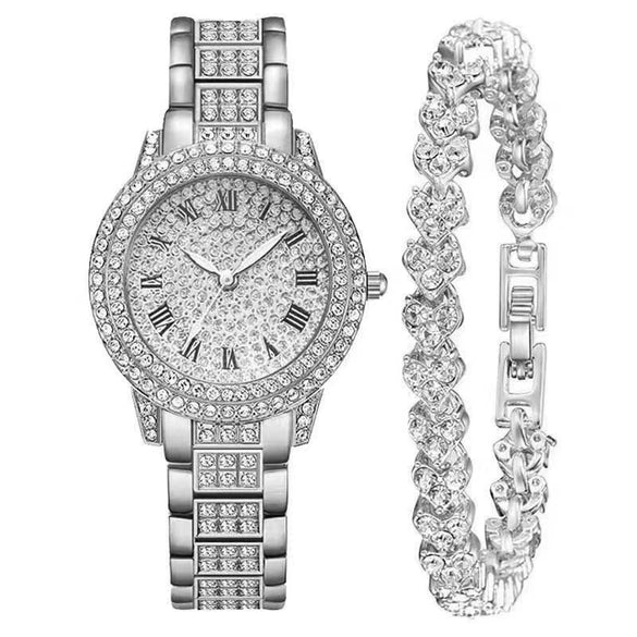 Alloy Band Quartz Watch With Roman Literal And Full Diamond For Women Leisure Style Round Dial